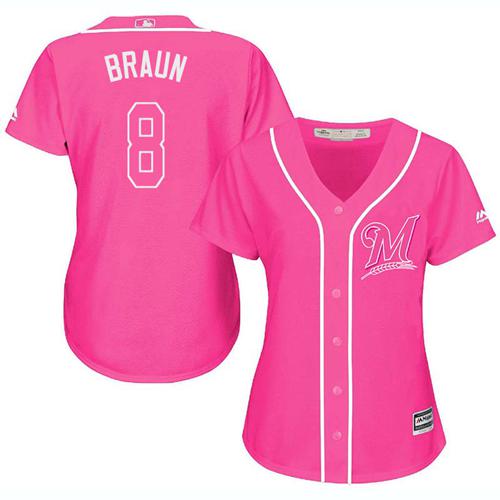 Brewers #8 Ryan Braun Pink Fashion Women's Stitched MLB Jersey